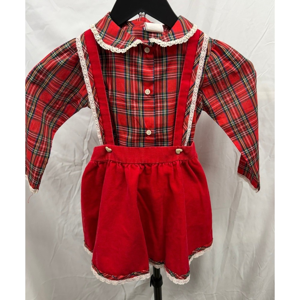 Vintage 70's Goodlad's Girls Christmas Holiday Red Plaid Corduroy Jumper Sz 4